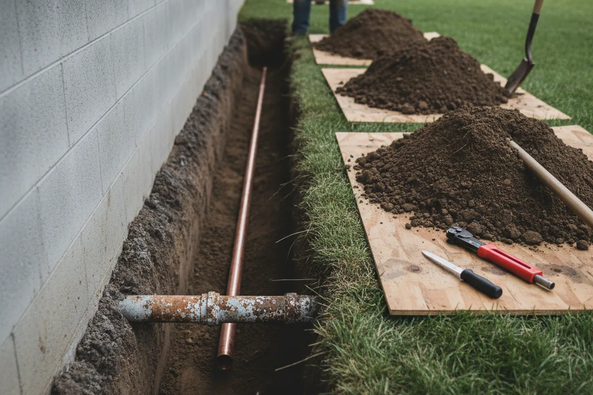Excavated water line trench during Sewer Line Repair in Mc Calla